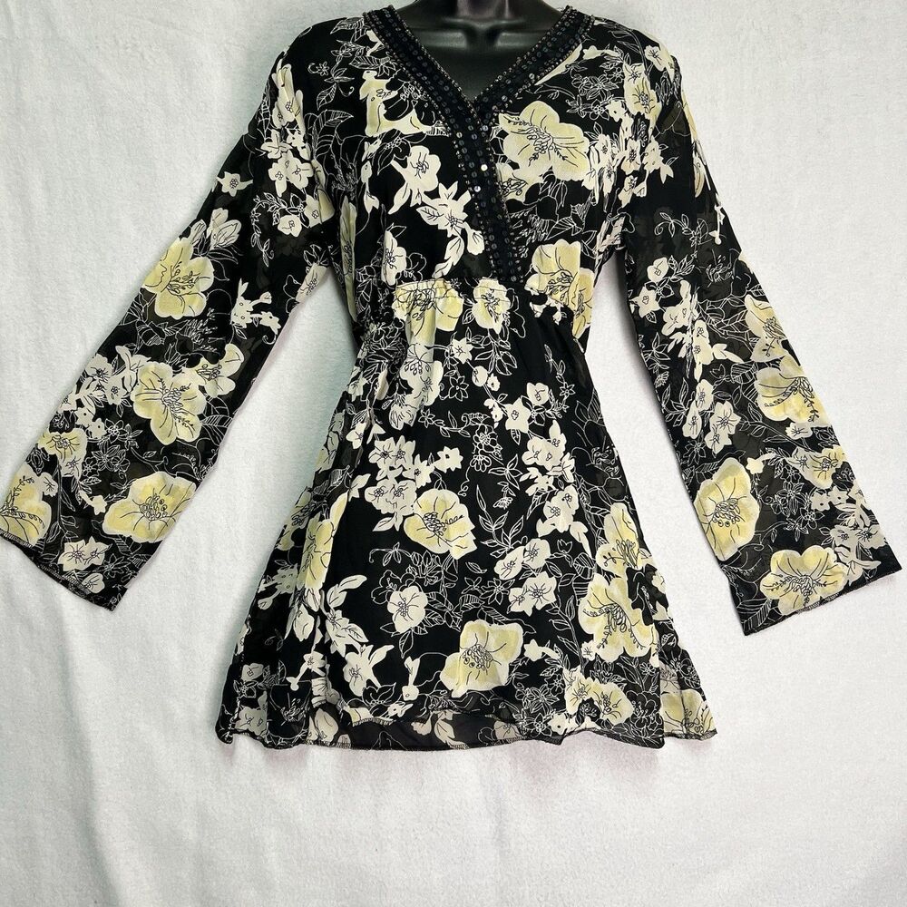 Lew Magram Collection New York Floral Bell Sleeve Dress/Top S Vintage Y2K Boho